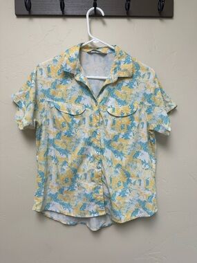 Stio women’s Shifter Short-Sleeve Button-Up Shirt - Yellow & Teal Abstract Print